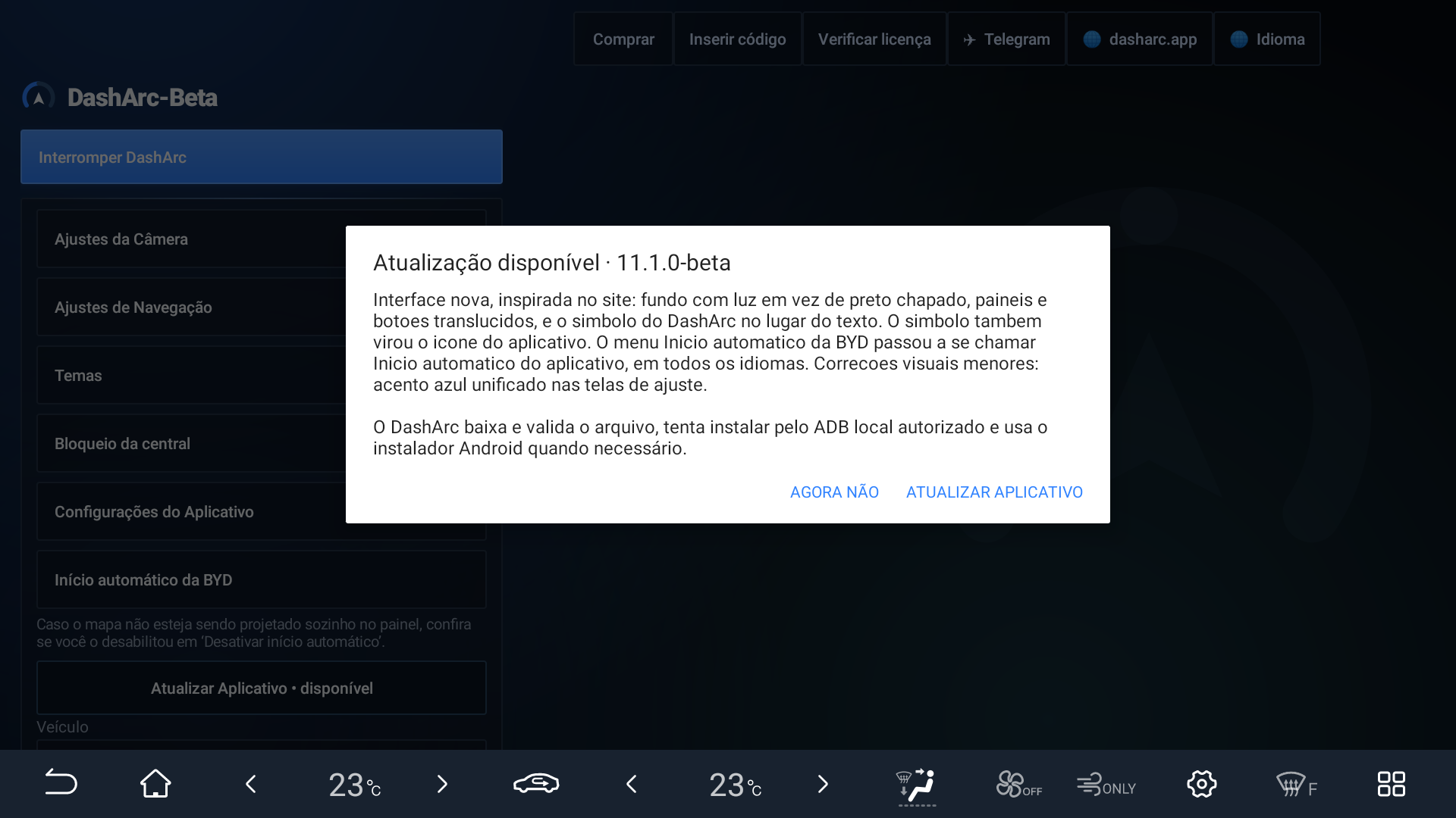 Aviso de atualizacao do DashArc na central do BYD