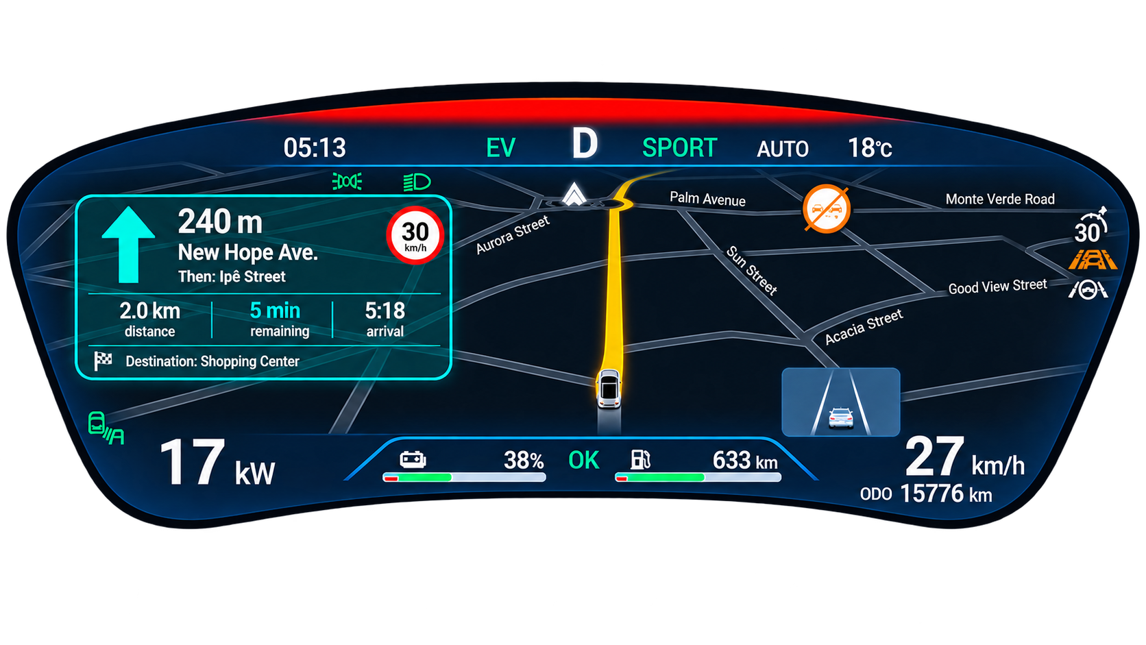 Route with straight-ahead directions on the BYD instrument cluster