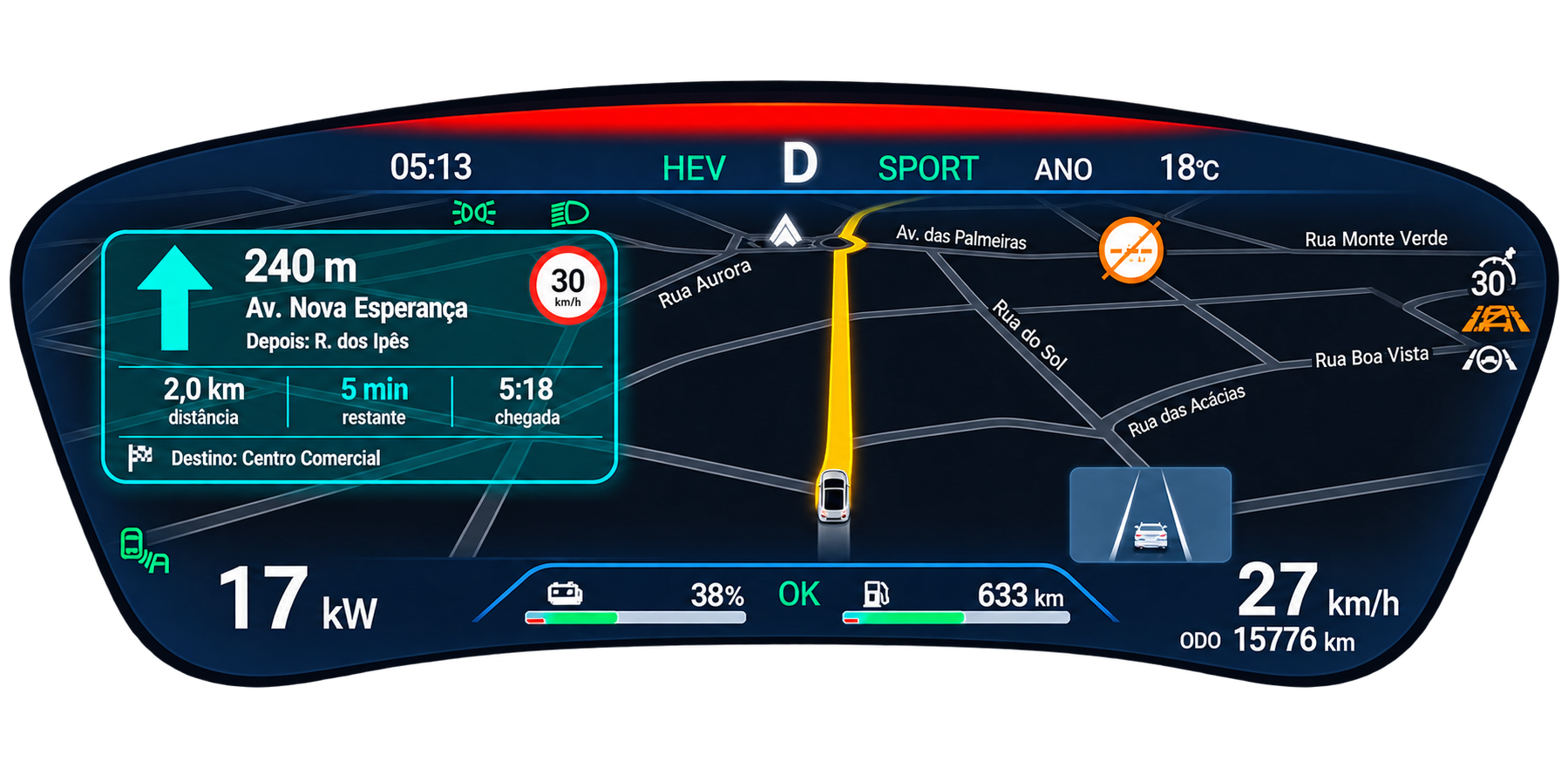 Rota com indicação para seguir em frente no painel BYD