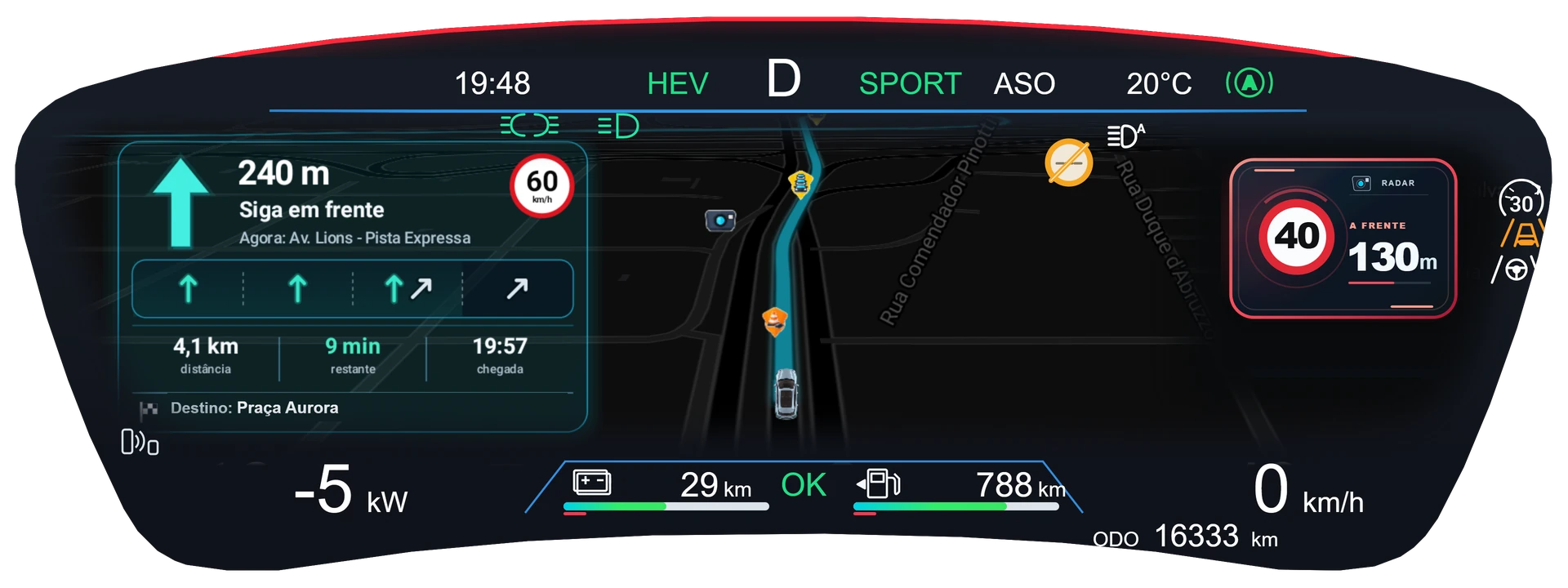 Painel de instrumentos do BYD com a rota do Android Auto, faixas e alerta de radar mostrados pelo DashArc