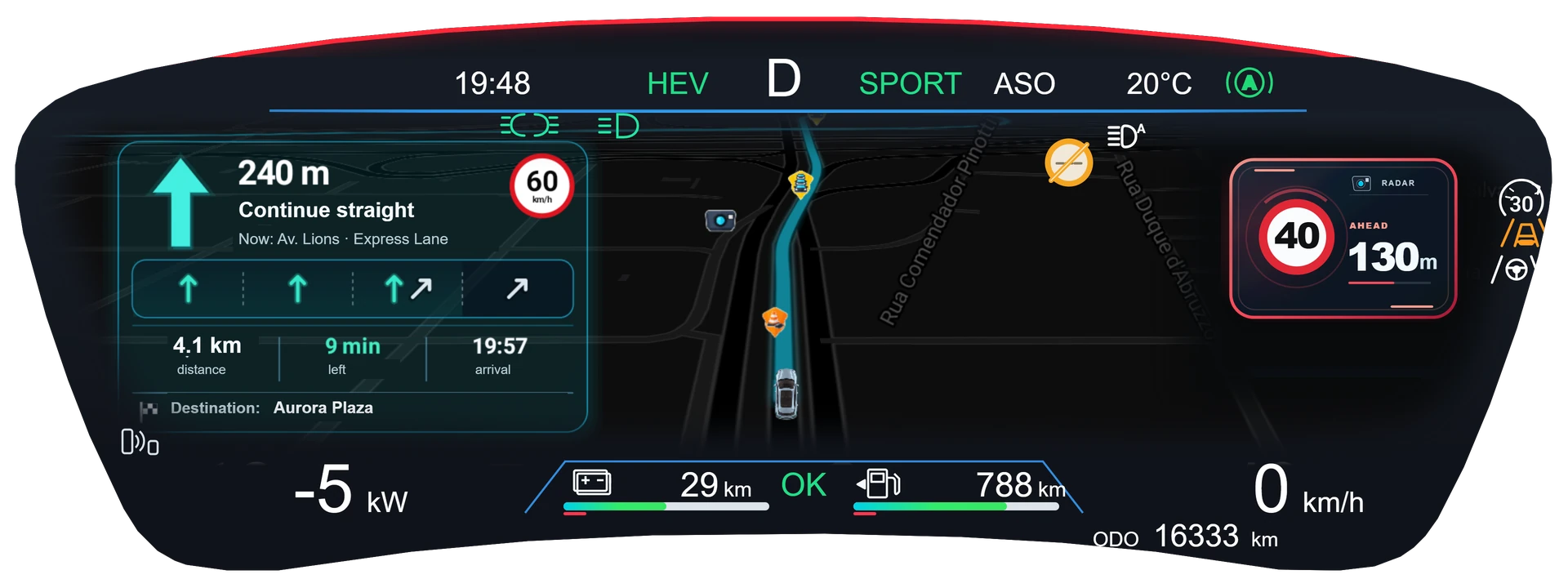 BYD instrument cluster with the Android Auto route, lanes and speed camera alert shown by DashArc