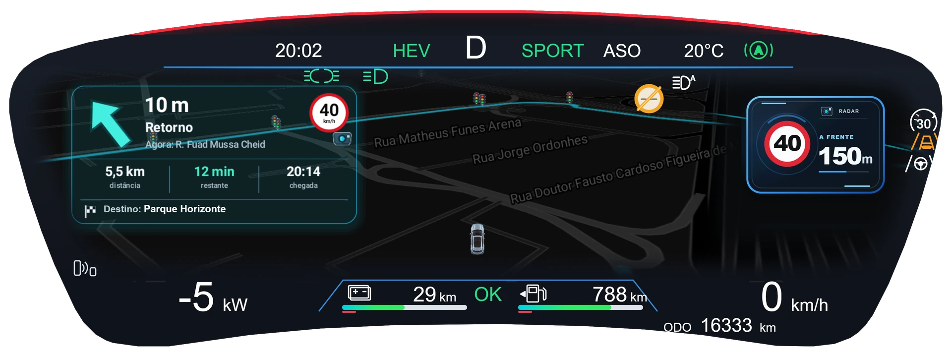 Painel de instrumentos do BYD com a rota e o alerta de radar mostrados pelo DashArc