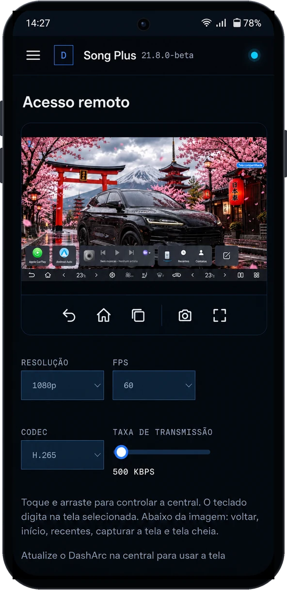 Acesso remoto à tela da central do BYD pelo celular, com voltar, início, recentes, captura e tela cheia