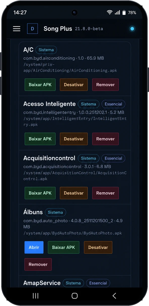 Lista de aplicativos instalados na central com abrir, baixar APK, desativar e remover
