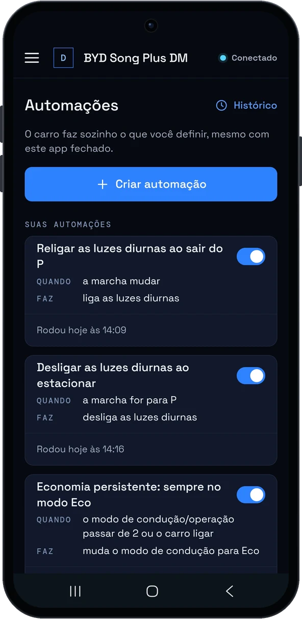 Lista de automações do DashArc no celular, com automações prontas e as criadas pelo usuário
