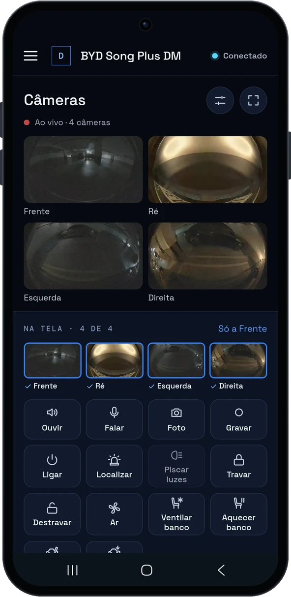 As quatro câmeras do BYD ao vivo no celular, com ouvir, falar, foto e gravar