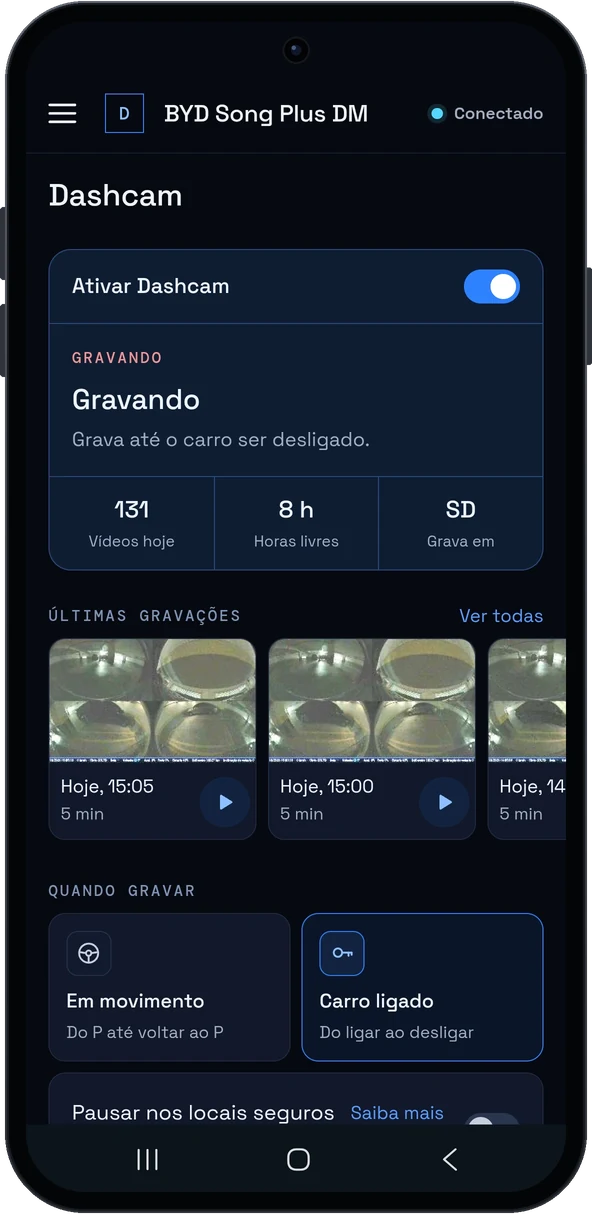 Tela da Dashcam no portal DashArc com as últimas gravações em miniatura, horas livres e onde grava