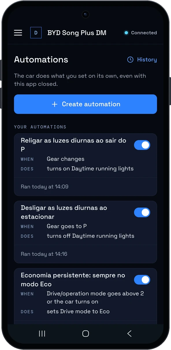 DashArc automations list on a phone, with ready-made automations and user-created ones