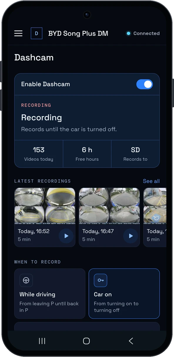 Dashcam screen in the DashArc portal with the latest recordings as thumbnails, free hours and where it records