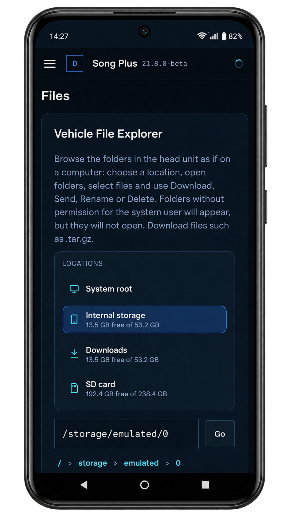 Vehicle file explorer with internal storage, downloads and SD card