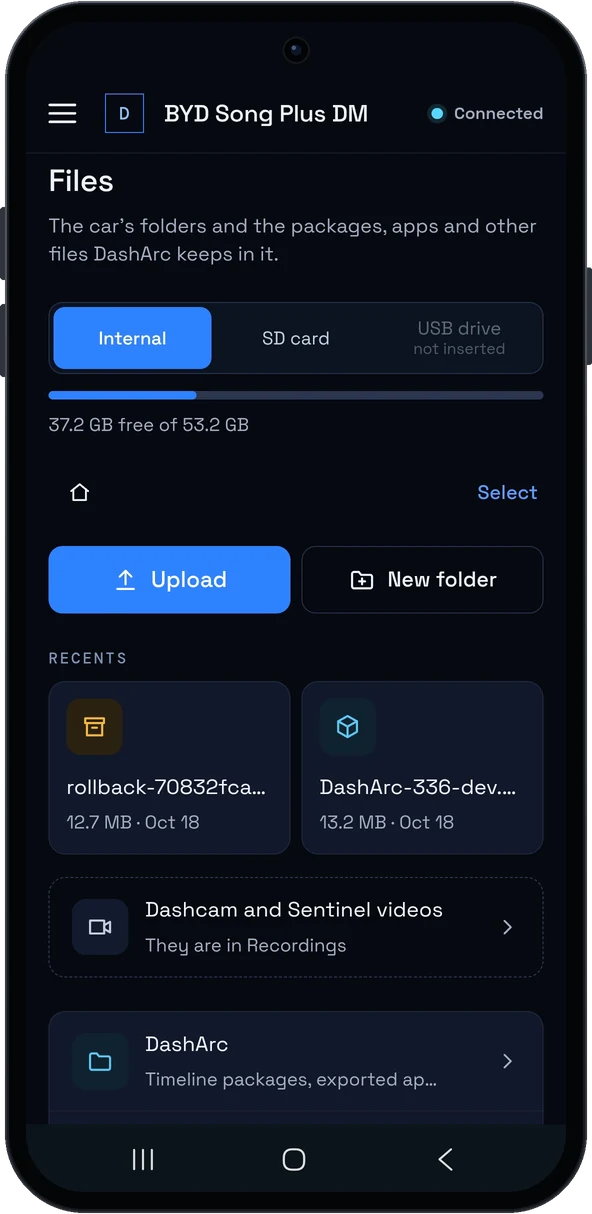 DashArc file explorer with the BYD head unit folders, SD card, upload and new folder