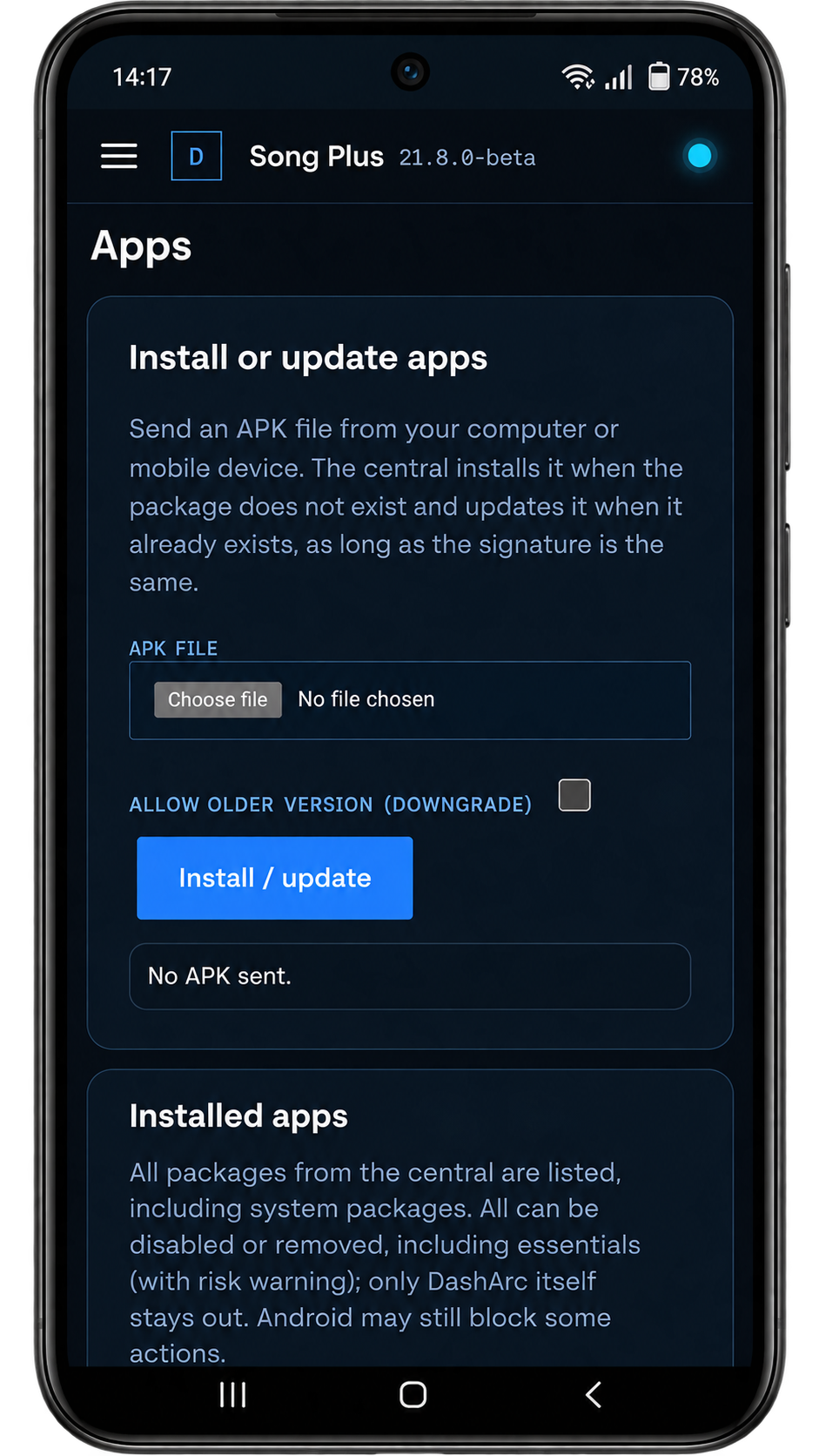 Screen to install or update head unit apps by sending an APK from the phone