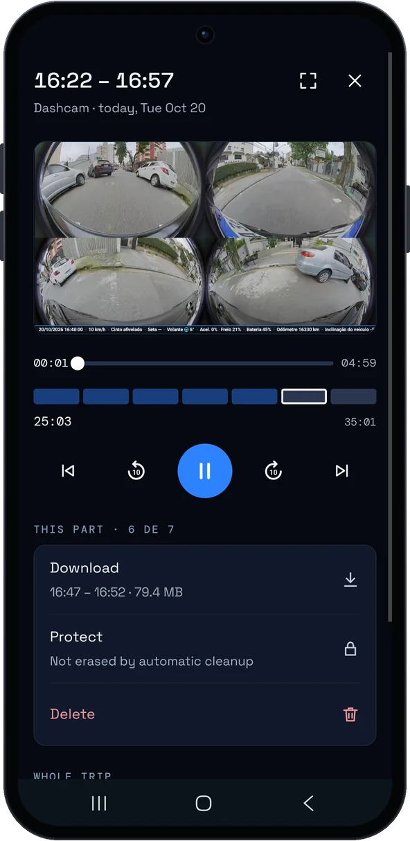 Recording player in the DashArc portal on a phone showing a 4-camera BYD video