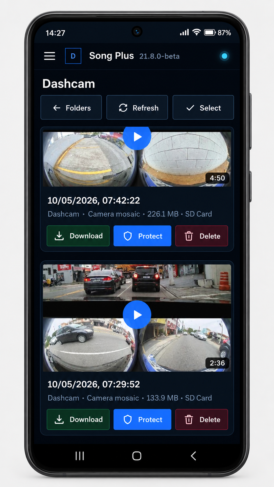 Dashcam recordings list with the camera mosaic and download, protect and delete buttons