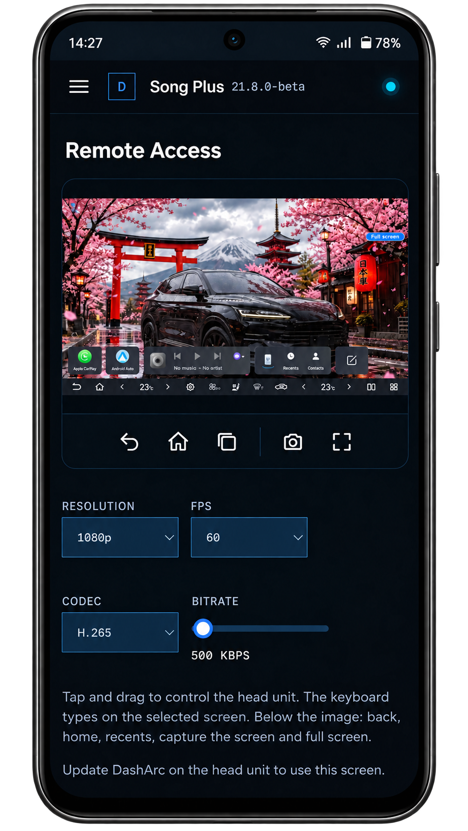 Remote access to the BYD head unit screen from the phone, with back, home, recents, capture and full screen