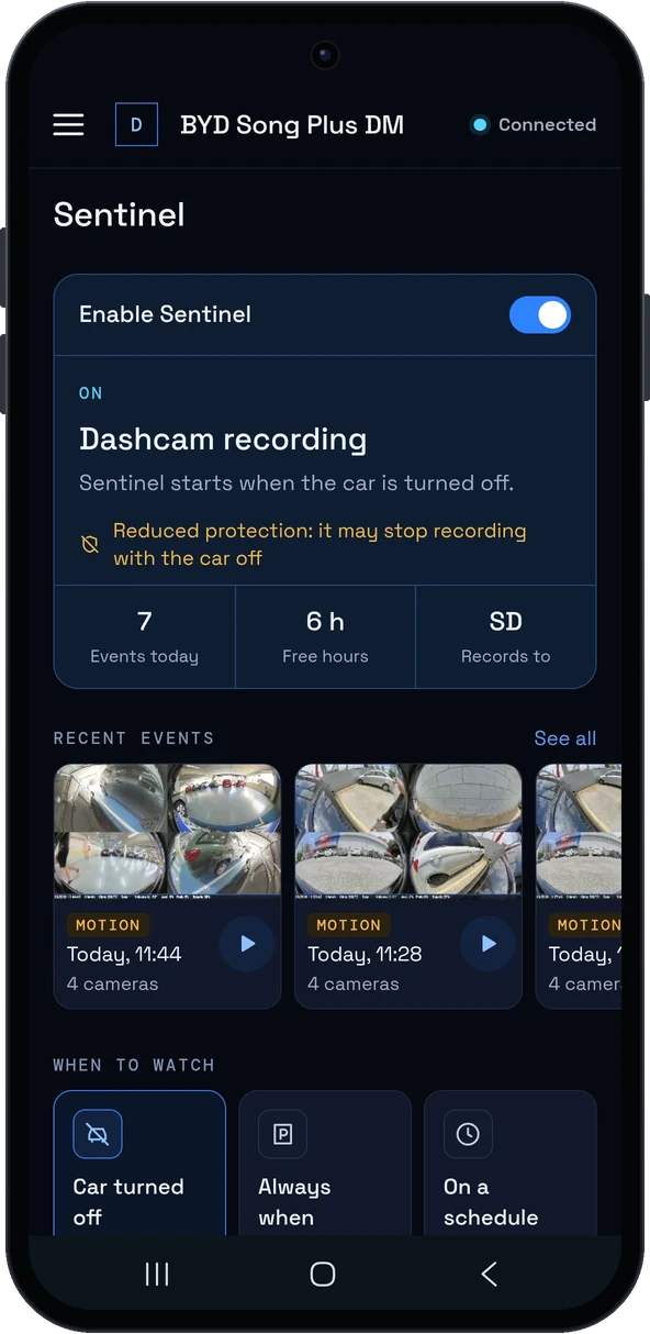 Sentry mode screen in the DashArc portal with status, recordings and when to record
