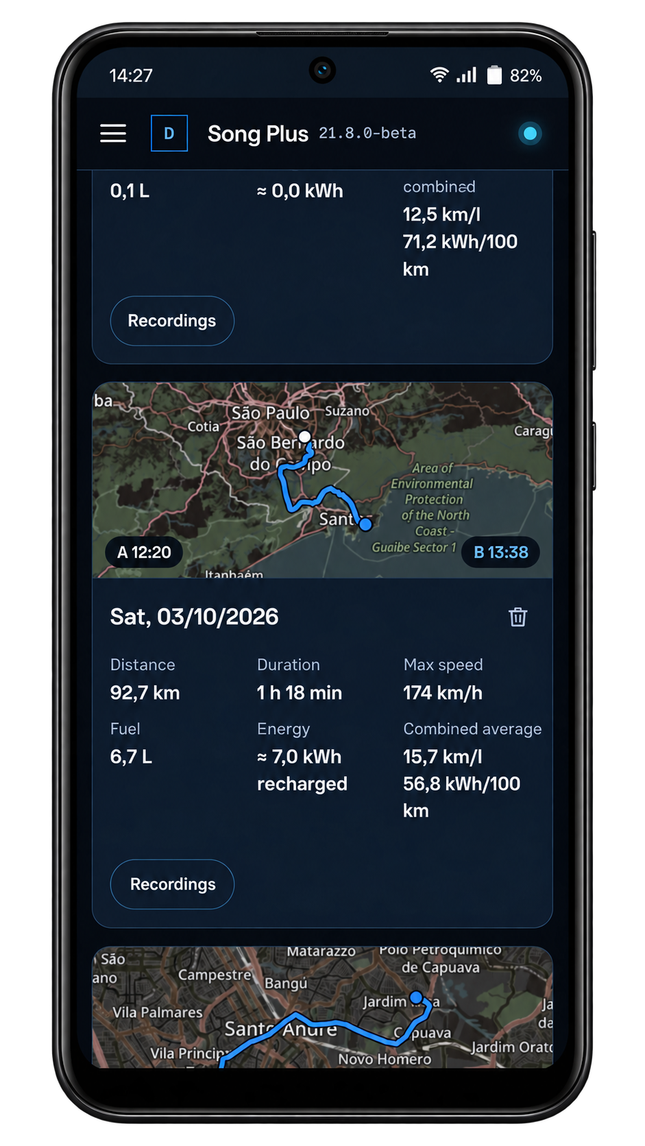 Trip history with the route map, distance, duration, fuel and energy