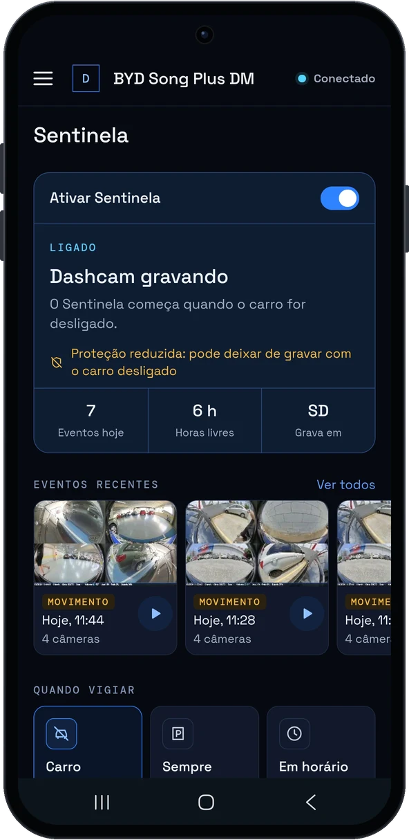 Tela do modo Sentinela no portal DashArc com o estado, as gravações e as opções de quando gravar